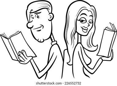 Black and White Cartoon Vector Illustration of Young Couple in Love at First Sight for Coloring Book