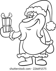 Black and White Cartoon Vector Illustration of Santa Claus Character with Christmas Present for Coloring Book