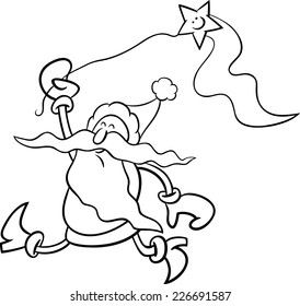 Black and White Cartoon Vector Illustration of Santa Claus Character with Christmas Star for Coloring Book