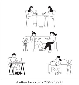 Ilustración vectorial de dibujos animados en blanco y negro. Los jóvenes felices disfrutan hablando en un restaurante el fin de semana. Estilo de vida de un adolescente que trabaja con una laptop en la sala de estar. Trabajo desde el concepto de casa