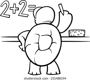 Black and White Cartoon Vector Illustration of Funny Turtle Animal Character Solving a Math Problem for Coloring Book