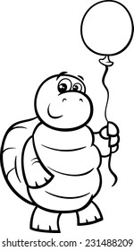 Black and White Cartoon Vector Illustration of Funny Turtle Animal Character with Balloon for Coloring Book