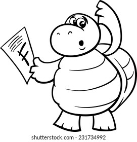 Black and White Cartoon Vector Illustration of Funny Turtle Animal Character with F mark on a Test for Coloring Book