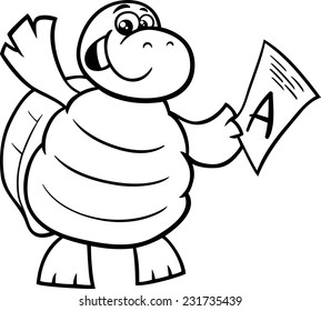 Black and White Cartoon Vector Illustration of Happy Turtle Animal Character with A mark on a Test for Coloring Book