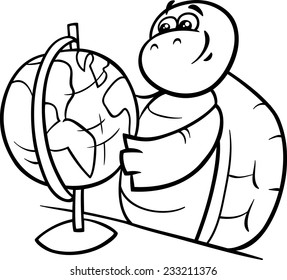 Black and White Cartoon Vector Illustration of Funny Turtle Animal Character with School Globe for Coloring Book