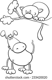 Black and White Cartoon Vector Illustration of Funny Dog Character and Cat on a Tree Branch for Coloring Book