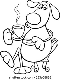 Black and White Cartoon Vector Illustration of Funny Dog Character Drinking Coffee for Coloring Book
