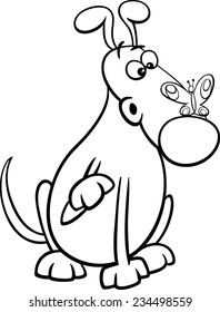Black and White Cartoon Vector Illustration of Funny Dog Character with Butterfly on his Nose for Coloring Book