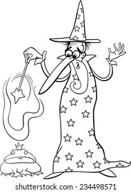 Black and White Cartoon Vector illustration of Fantasy Wizard with Magic Wand Casting a Spell and Enchanted Frog for Coloring Book