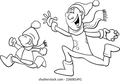 Black and White Cartoon Vector Illustration of Father and Little Son Throwing Snowballs and Having Fun on Winter Time for Coloring Book
