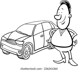 Black and White Cartoon Vector Illustration of Proud Man and his New Car for Coloring Book