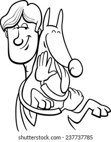 Black and White Cartoon Vector Illustration of Man Giving a Hug to his Dog for Coloring Book