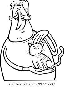 Black and White Cartoon Vector Illustration of Man Stroking his Cat or Kitten for Coloring Book