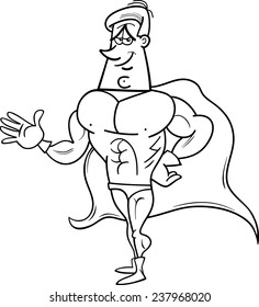Black and White Cartoon Vector Illustration of Superhero or Man in Hero Costume for Coloring Book