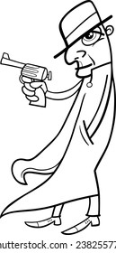 Black and White Cartoon Vector Illustration of Detective or Gangster with Gun