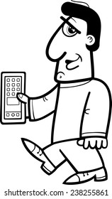 Black and White Cartoon Vector Illustration of Man with Tablet or Smart Phone for Coloring Book