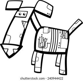 Black and White Cartoon Vector Illustration of Funny Fantasy Robot Dog for Coloring Book