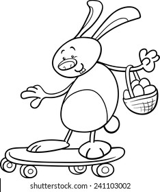 Black and White Cartoon Vector Illustration of Cute Bunny with Easter Eggs on Skateboard for Coloring Book