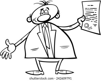 Black and White Cartoon Vector Illustration of Man or Businessman in Suit with Diploma or Certificate for Coloring Book