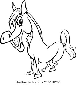 Black and White Cartoon Vector Illustration of Funny Horse Farm Animal for Coloring Book