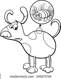 Black and White Cartoon Vector Illustration of Funny Dog with Flea in his Hair for Coloring Book