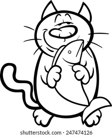 Black and White Cartoon Vector Illustration of Happy Cat with Fish for Coloring Book