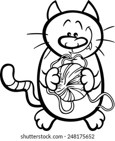 Black and White Cartoon Vector Illustration of Funny Cat with Ball of Wool for Coloring Book
