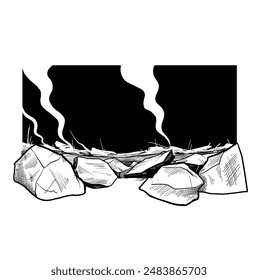 A black and white cartoon vector illustration in a comic style depicting a cityscape leveled to the ground by war, with large rocks scattered everywhere and smoke from the remaining fires.