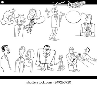 Black and White Cartoon Vector Illustration Set of Funny Businessmen and Business Concepts and Metaphors