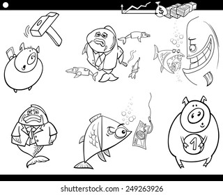 Black and White Cartoon Vector Illustration Set of Business Concepts and Metaphors
