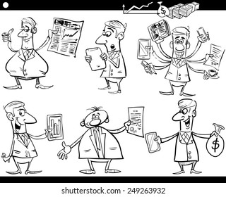 Black and White Cartoon Vector Illustration Set of Funny Businessmen and Business Concepts