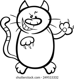 Black and White Cartoon Vector Illustration of Malicious Cat with Sharp Claws for Coloring Book