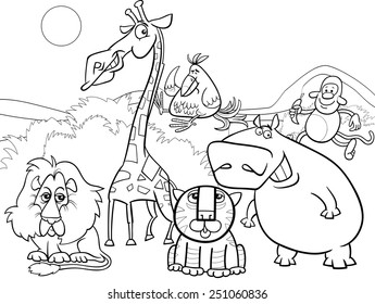 Black and White Cartoon Vector Illustration of Scene with Wild Safari Animals Characters Group for Coloring Book