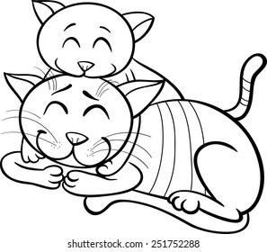 Black and White Cartoon Vector Illustration of Happy Cat Mother with Little Kitten for Coloring Book
