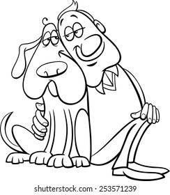 Black and White Cartoon Vector Illustration of Happy Dog with his Owner for Coloring Book