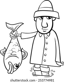 Black and White Cartoon Vector Illustration of Angler or Fisherman with Big Fish for Coloring Book