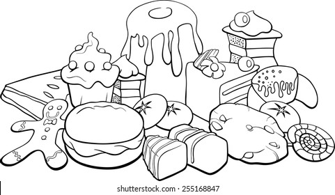 Black And White Cartoon Vector Illustration Of Sweet Food Like Cakes And Cookies For Coloring Book