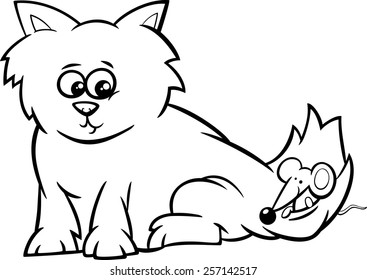 Black and White Cartoon Vector Illustration of Cute Kitten with Little Mouse for Coloring Book