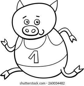 Black and White Cartoon Vector Illustration of Funny Pig Animal Character Running on Physical Education Lesson for Coloring Book