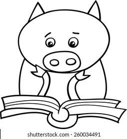 Black and White Cartoon Vector Illustration of Funny Pig Animal Character Learning and Reading a Book for Coloring Book