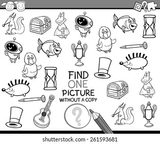 Black and White Cartoon Vector Illustration of Finding Single Picture without Copy Educational Game for Preschool Children
