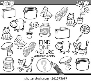 Black and White Cartoon Vector Illustration of Finding Single Picture without Copy Educational Game for Preschool Children