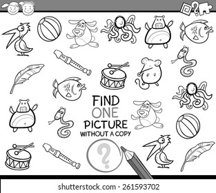Black and White Cartoon Vector Illustration of Finding Single Picture without Copy Educational Game for Preschool Children