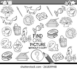 Black and White Cartoon Vector Illustration of Finding Single Picture without Copy Educational Game for Preschool Children