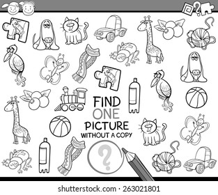 Black and White Cartoon Vector Illustration of Finding Single Picture without Copy Educational Game for Preschool Children