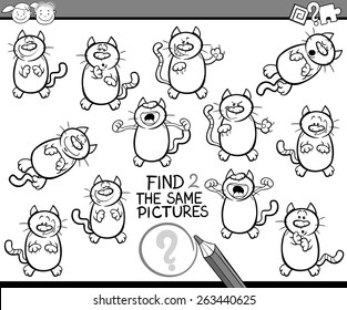 Black and White Cartoon Vector Illustration of Finding the Same Pictures Educational Game for Preschool Children