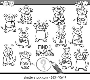 Black and White Cartoon Vector Illustration of Finding the Same Pictures Educational Game for Preschool Children