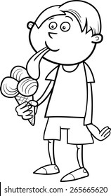 Black and White Cartoon Vector Illustration of Kid Boy Eating Ice Cream for Coloring Book