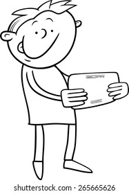 Black and White Cartoon Vector Illustration of Kid Boy Playing on Tablet for Coloring Book
