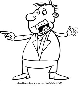 Black and White Cartoon Vector Illustration of Outraged Shouting Man for Coloring Book
